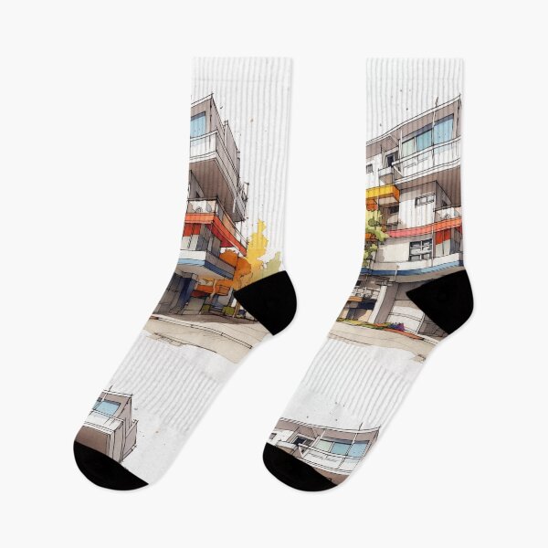 Item preview, Vibrant Urban Palette: A Contemporary Watercolor Sketch of a Multi-Story Building with Colorful Balconies and Street Life designed and sold by Epsydon Designers.