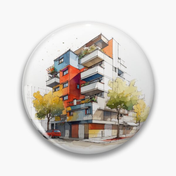 Item preview, Vibrant Urban Palette: A Contemporary Watercolor Sketch of a Multi-Story Building with Colorful Balconies and Street Life designed and sold by Epsydon Designers.