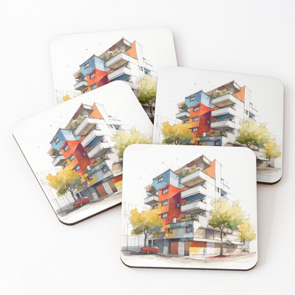 Item preview, Vibrant Urban Palette: A Contemporary Watercolor Sketch of a Multi-Story Building with Colorful Balconies and Street Life designed and sold by Epsydon Designers.