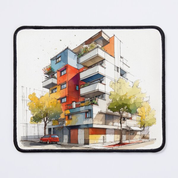 Item preview, Vibrant Urban Palette: A Contemporary Watercolor Sketch of a Multi-Story Building with Colorful Balconies and Street Life designed and sold by Epsydon Designers.