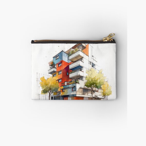 Item preview, Vibrant Urban Palette: A Contemporary Watercolor Sketch of a Multi-Story Building with Colorful Balconies and Street Life designed and sold by Epsydon Designers.