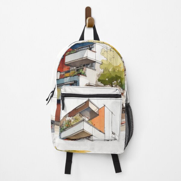 Item preview, Vibrant Urban Palette: A Contemporary Watercolor Sketch of a Multi-Story Building with Colorful Balconies and Street Life designed and sold by Epsydon Designers.