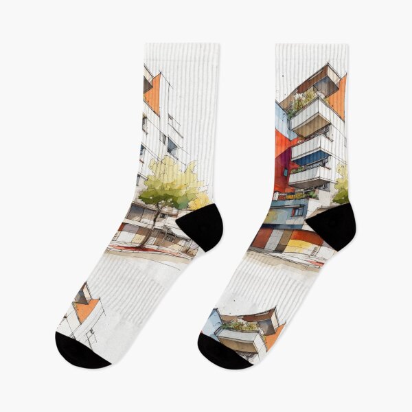 Item preview, Vibrant Urban Palette: A Contemporary Watercolor Sketch of a Multi-Story Building with Colorful Balconies and Street Life designed and sold by Epsydon Designers.