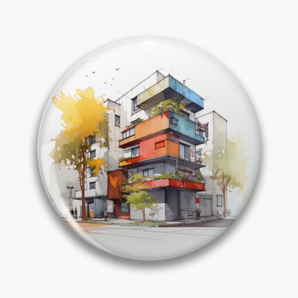 Item preview, Vibrant Urban Palette: A Contemporary Watercolor Sketch of a Multi-Story Building with Colorful Balconies and Street Life designed and sold by Epsydon Designers.