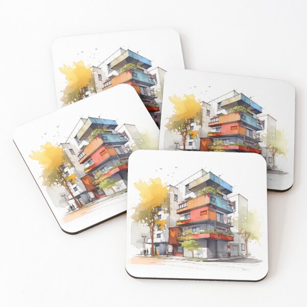 Item preview, Vibrant Urban Palette: A Contemporary Watercolor Sketch of a Multi-Story Building with Colorful Balconies and Street Life designed and sold by Epsydon Designers.