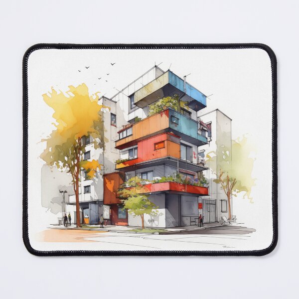Item preview, Vibrant Urban Palette: A Contemporary Watercolor Sketch of a Multi-Story Building with Colorful Balconies and Street Life designed and sold by Epsydon Designers.