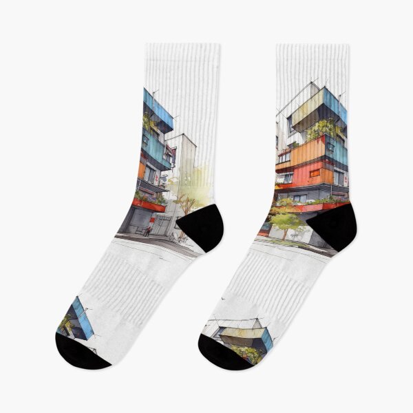 Item preview, Vibrant Urban Palette: A Contemporary Watercolor Sketch of a Multi-Story Building with Colorful Balconies and Street Life designed and sold by Epsydon Designers.