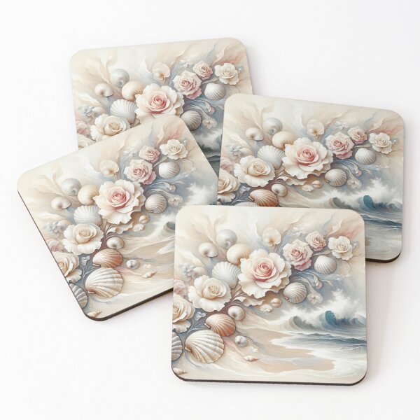 Item preview, Stunning Seascape with Delicate Roses & Shells on Sea  Waves, Fantasy Artwork designed and sold by FineSoulArt.
