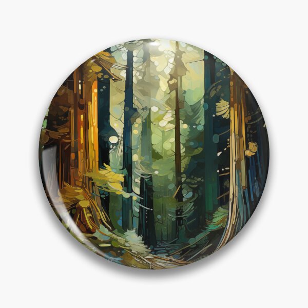 Artikelvorschau, Sonnenbeschienener Waldweg: Ein abstraktes digitales Gemälde von hoch aufragenden Redwood-Bäumen, die von goldenen Lichtstrahlen durchdrungen werden. entworfen und verkauft von Epsydon Designers.