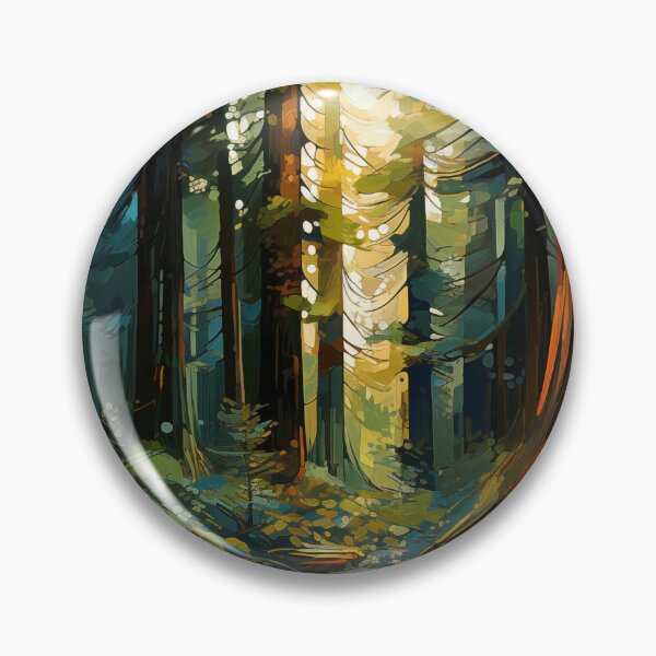 Artikelvorschau, Sonnenbeschienener Waldweg: Ein abstraktes digitales Gemälde von hoch aufragenden Redwood-Bäumen, die von goldenen Lichtstrahlen durchdrungen werden. entworfen und verkauft von Epsydon Designers.