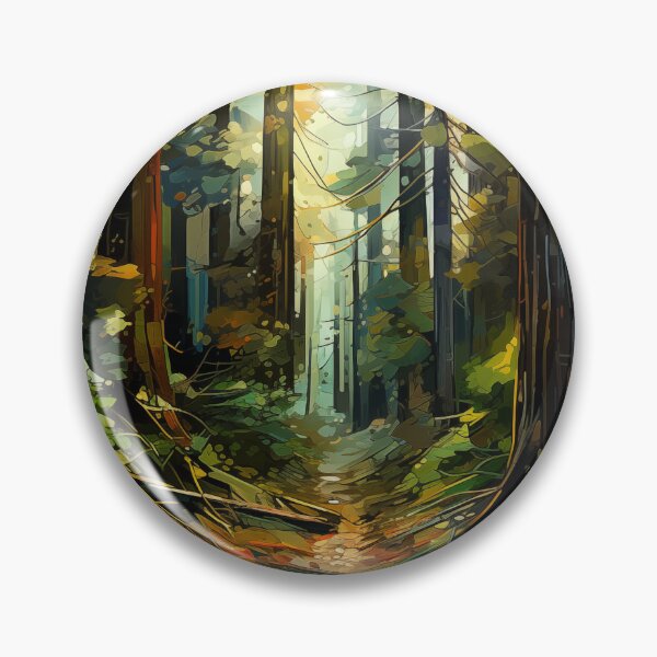 Artikelvorschau, Sonnenbeschienener Waldweg: Ein abstraktes digitales Gemälde von hoch aufragenden Redwood-Bäumen, die von goldenen Lichtstrahlen durchdrungen werden. entworfen und verkauft von Epsydon Designers.