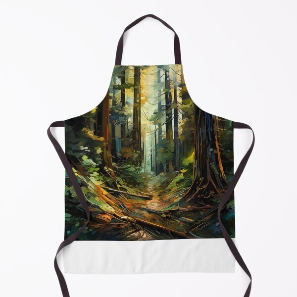 Artikelvorschau, Sonnenbeschienener Waldweg: Ein abstraktes digitales Gemälde von hoch aufragenden Redwood-Bäumen, die von goldenen Lichtstrahlen durchdrungen werden. entworfen und verkauft von Epsydon Designers.