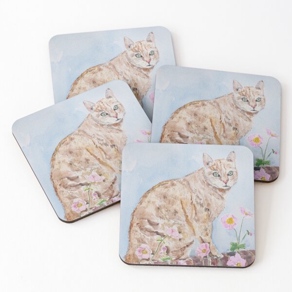 Item preview, Ginger cat sitting in front of Pink Japanese anemone  watercolour painting designed and sold by ColorandColor.