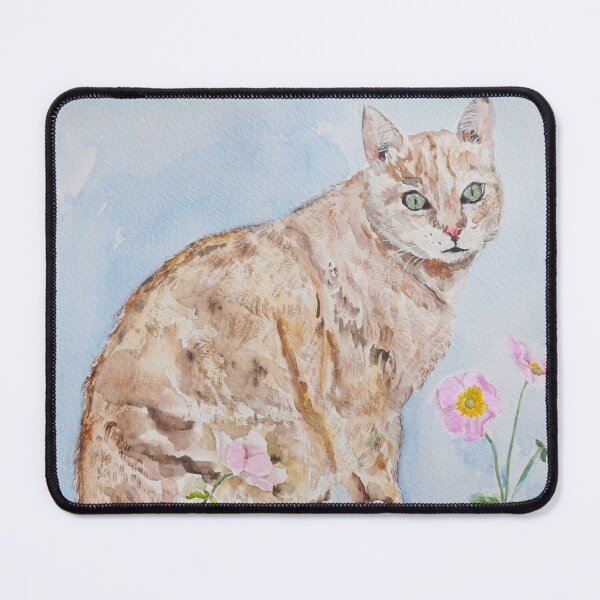 Item preview, Ginger cat sitting in front of Pink Japanese anemone  watercolour painting designed and sold by ColorandColor.