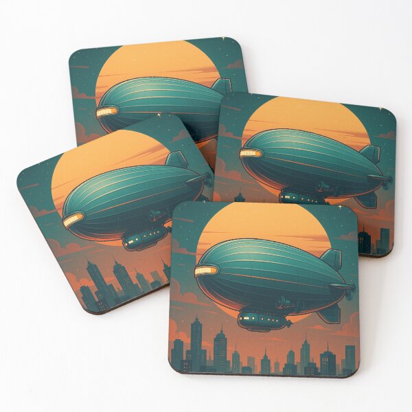 Item preview, Retro airship over the city – Vintage Art Deco sunset illustration | Nostalgic Steampunk for adventurers & dreamers designed and sold by MrsMimpi.