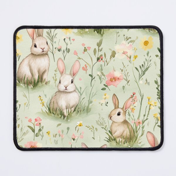 Item preview, Easter Bunnies in the grass Pastel Green Pink Flowers Watercolor All Over designed and sold by Feeling Artsy.