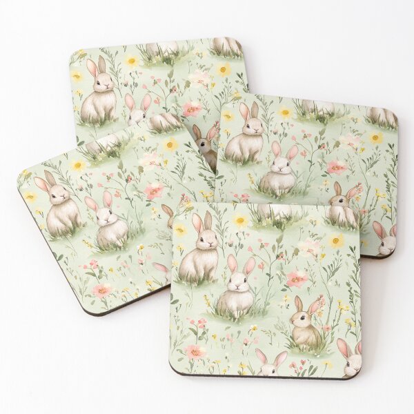 Item preview, Easter Bunnies in the grass Pastel Green Pink Flowers Watercolor All Over designed and sold by Feeling Artsy.