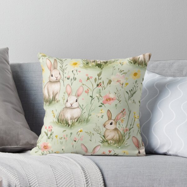 Item preview, Easter Bunnies in the grass Pastel Green Pink Flowers Watercolor All Over designed and sold by Feeling Artsy.