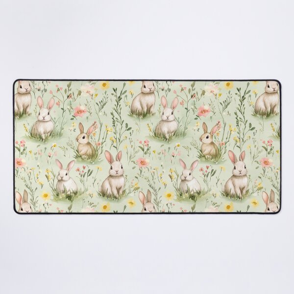 Item preview, Easter Bunnies in the grass Pastel Green Pink Flowers Watercolor All Over designed and sold by Feeling Artsy.