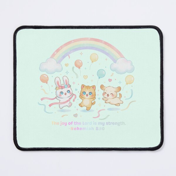 Item preview, Kawaii Christian Bible Verse Art – “The Joy of the Lord Is My Strength” Nehemiah 8:10 | Cute Pastel Bunny Cat Puppy Under Rainbow | Faith & Positivity Quote designed and sold by AmenAlways.
