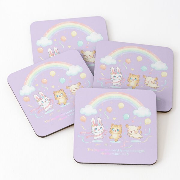 Item preview, Kawaii Christian Bible Verse Art – “The Joy of the Lord Is My Strength” Nehemiah 8:10 | Cute Pastel Bunny Cat Puppy Under Rainbow | Faith & Positivity Quote designed and sold by AmenAlways.
