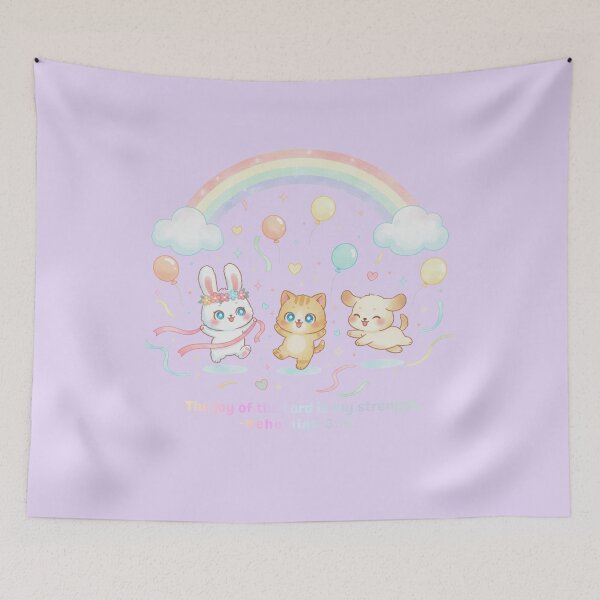 Item preview, Kawaii Christian Bible Verse Art – “The Joy of the Lord Is My Strength” Nehemiah 8:10 | Cute Pastel Bunny Cat Puppy Under Rainbow | Faith & Positivity Quote designed and sold by AmenAlways.