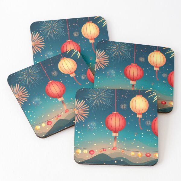 Item preview, Traditional Chinese lanterns against fireworks in night sky, background, AI generated designed and sold by dvoevnore.