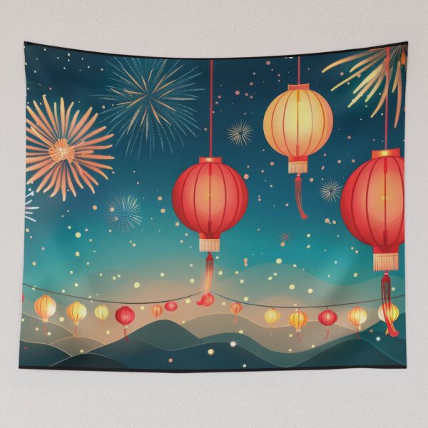 Item preview, Traditional Chinese lanterns against fireworks in night sky, background, AI generated designed and sold by dvoevnore.