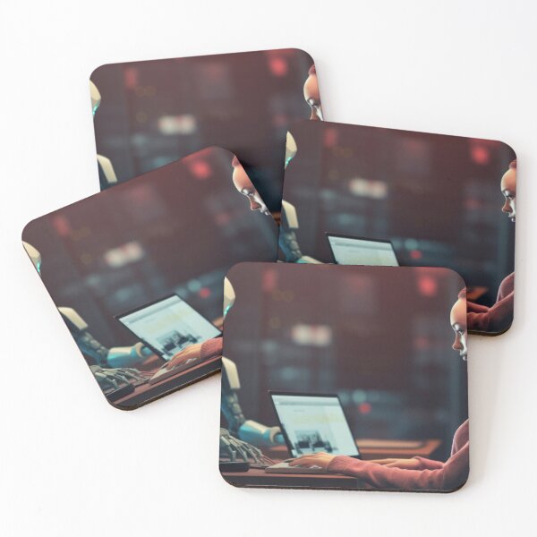 Item preview, Woman working on laptop with robot in modern office at night, AI generated  designed and sold by dvoevnore.
