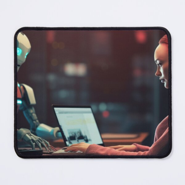 Item preview, Woman working on laptop with robot in modern office at night, AI generated designed and sold by dvoevnore.
