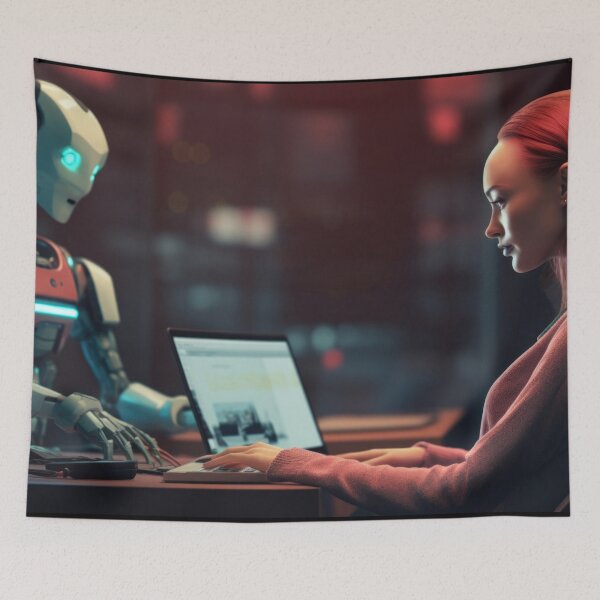 Item preview, Woman working on laptop with robot in modern office at night, AI generated  designed and sold by dvoevnore.