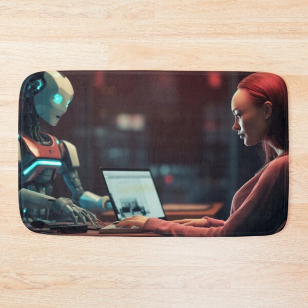 Item preview, Woman working on laptop with robot in modern office at night, AI generated  designed and sold by dvoevnore.