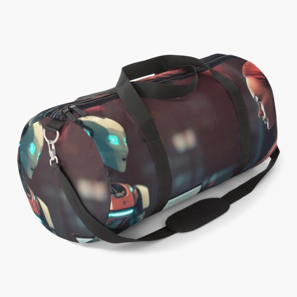Item preview, Woman working on laptop with robot in modern office at night, AI generated designed and sold by dvoevnore.