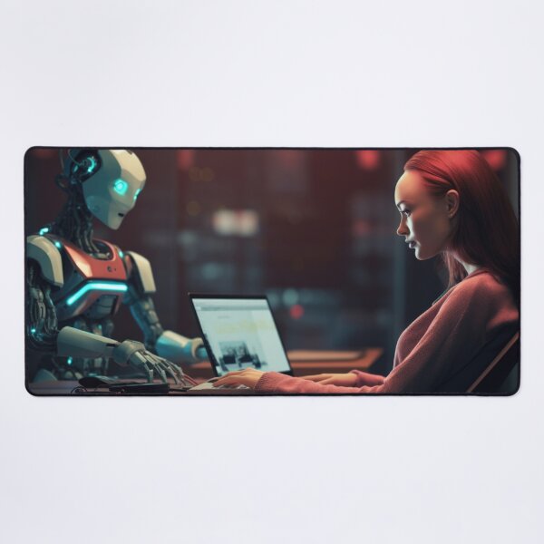 Item preview, Woman working on laptop with robot in modern office at night, AI generated designed and sold by dvoevnore.