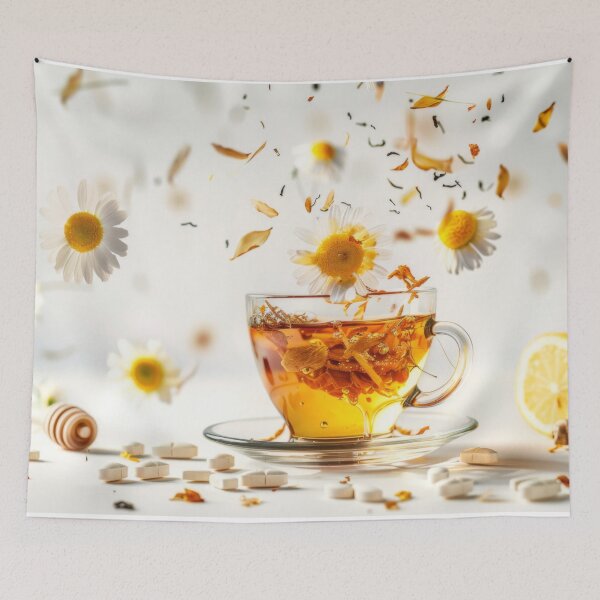 Item preview, Cup of herbal tea with floating ingredients including lemon, chamomile, and capsules, AI generated designed and sold by dvoevnore.