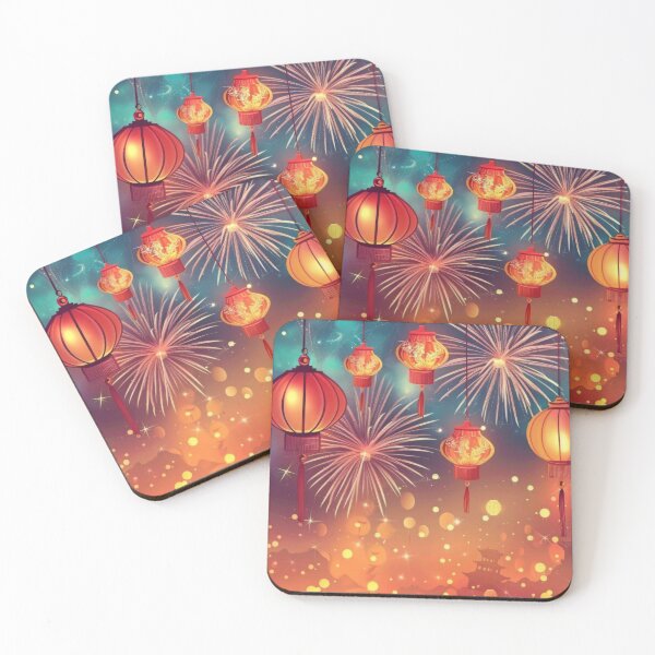 Item preview, Traditional Chinese lanterns against fireworks in night sky, background, AI generated designed and sold by dvoevnore.