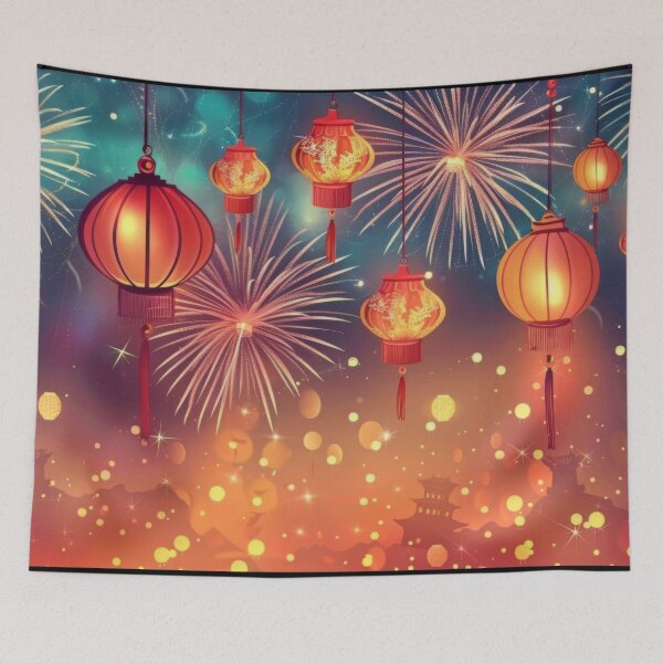 Item preview, Traditional Chinese lanterns against fireworks in night sky, background, AI generated designed and sold by dvoevnore.