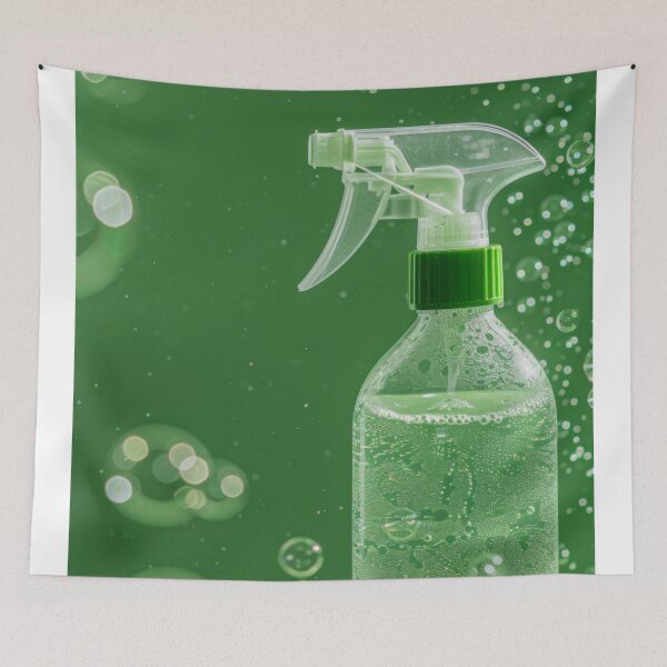 Item preview, Spray bottle with green liquid and foam on green background, AI Generated designed and sold by dvoevnore.