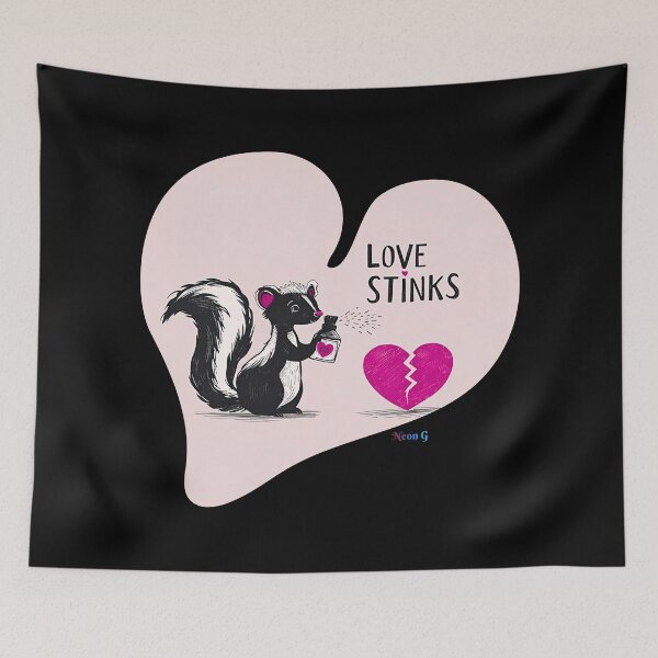 Item preview, Skunk spraying perfume on a broken heart “Love Stinks” 4 designed and sold by Neon G.