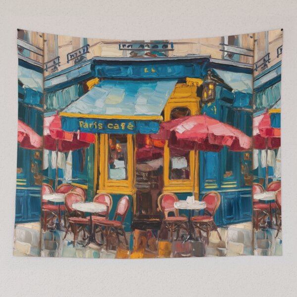 Item preview, Charming French Café with Blue Awning | Street Scene designed and sold by CARRAANN.