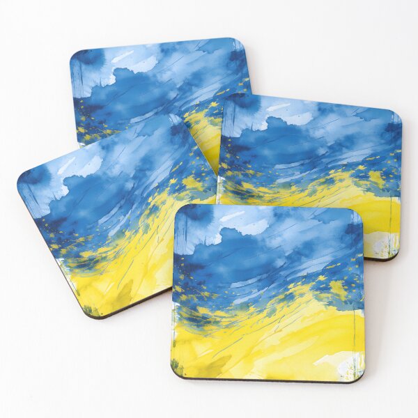 Item preview, An abstract painting in blue and yellow hues with dynamic brushstrokes and drips, creating a textured and expressive composition designed and sold by homydesign.