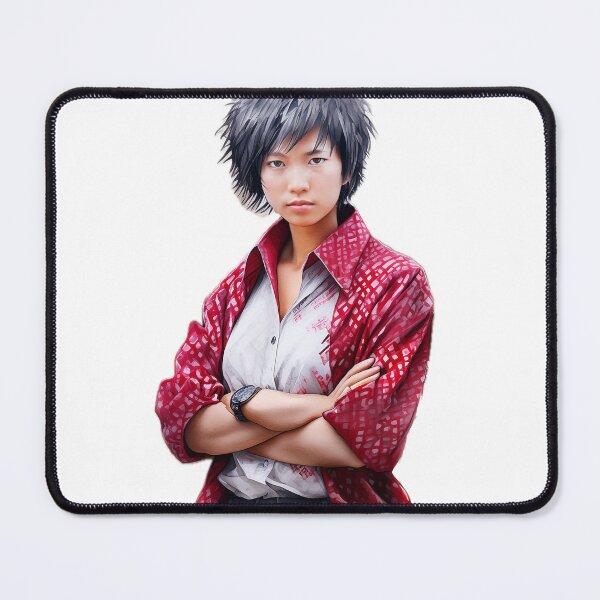 Item preview, A stylized woman character with spiked hair and a red patterned shirt stands confidently with arms crossed against an abstract background designed and sold by homydesign.