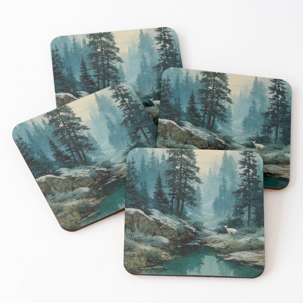 Item preview, Misty Forest White Deer Landscape | Tranquil Wilderness River Nature Painting designed and sold by MetroEnvision.