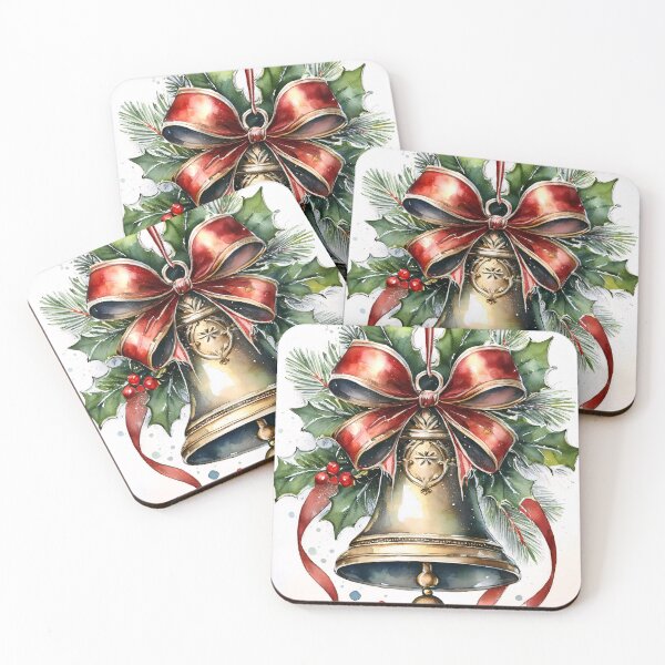 Item preview, A golden Christmas bell with a red ribbon and holly leaves designed and sold by homydesign.