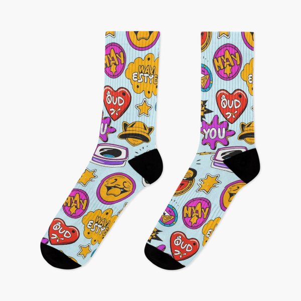 Item preview, pattern of multi-colored patches, comic book style of patches, 80s and 90s, graphics, illustration, youth print designed and sold by gulka8.
