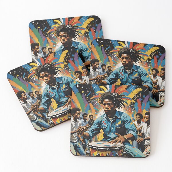 Item preview, A vibrant scene of a drummer in a blue shirt playing a drum, surrounded by people dancing, with colorful feathers and paint splashes in the background designed and sold by homydesign.
