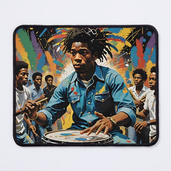 Item preview, A vibrant scene of a drummer in a blue shirt playing a drum, surrounded by people dancing, with colorful feathers and paint splashes in the background designed and sold by homydesign.