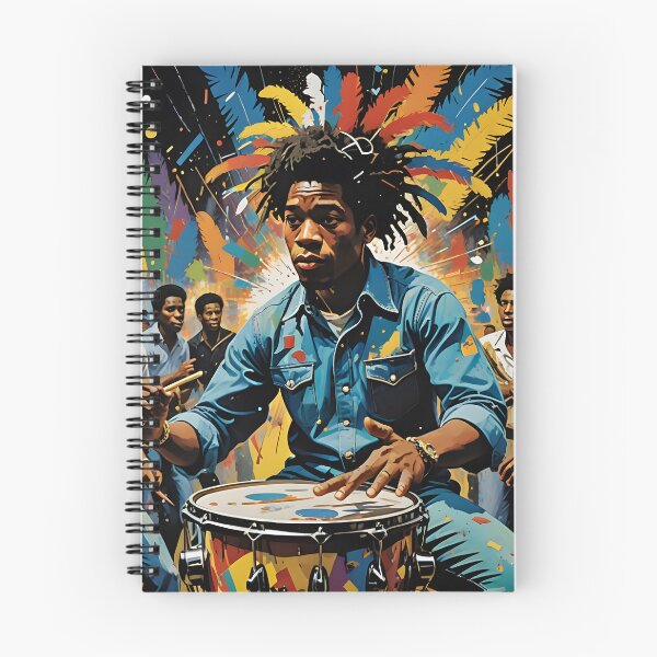 Item preview, A vibrant scene of a drummer in a blue shirt playing a drum, surrounded by people dancing, with colorful feathers and paint splashes in the background designed and sold by homydesign.