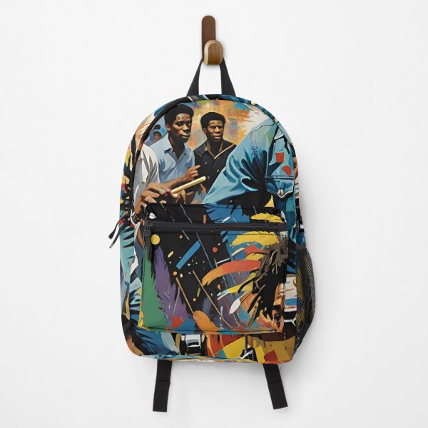 Item preview, A vibrant scene of a drummer in a blue shirt playing a drum, surrounded by people dancing, with colorful feathers and paint splashes in the background designed and sold by homydesign.