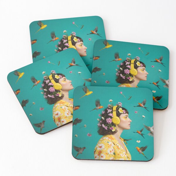 Item preview, A young adult female with flowers in her hair and yellow headphones is surrounded by colorful flying birds designed and sold by homydesign.